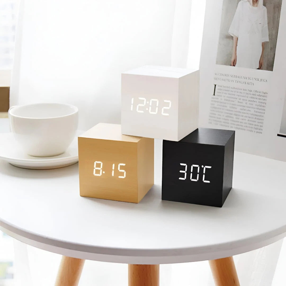 Alarm Clock | Wood Grain LED Time, Date & Temp