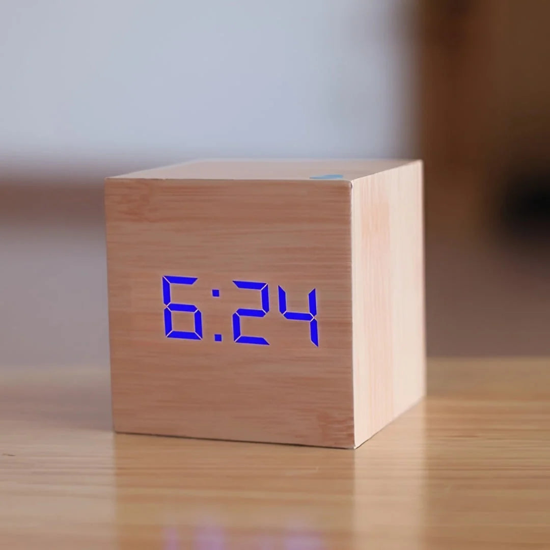 Alarm Clock | Wood Grain LED Time, Date & Temp