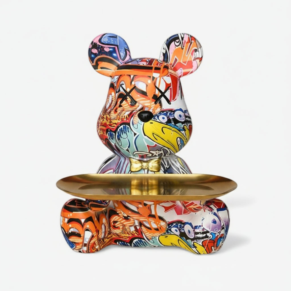 Bear Figurine | Graffiti-Style Painted Finish | Built-In Tray Base