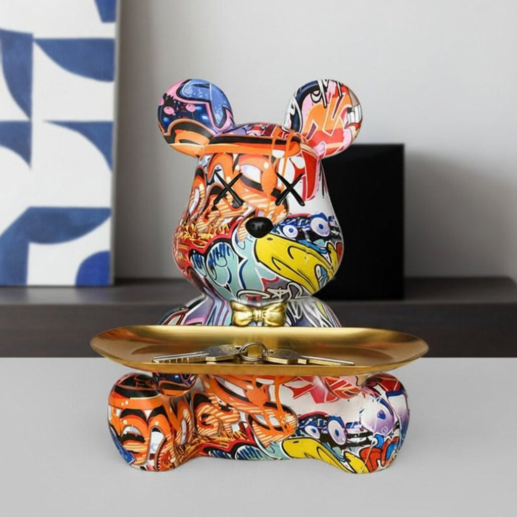Bear Figurine | Graffiti-Style Painted Finish | Built-In Tray Base