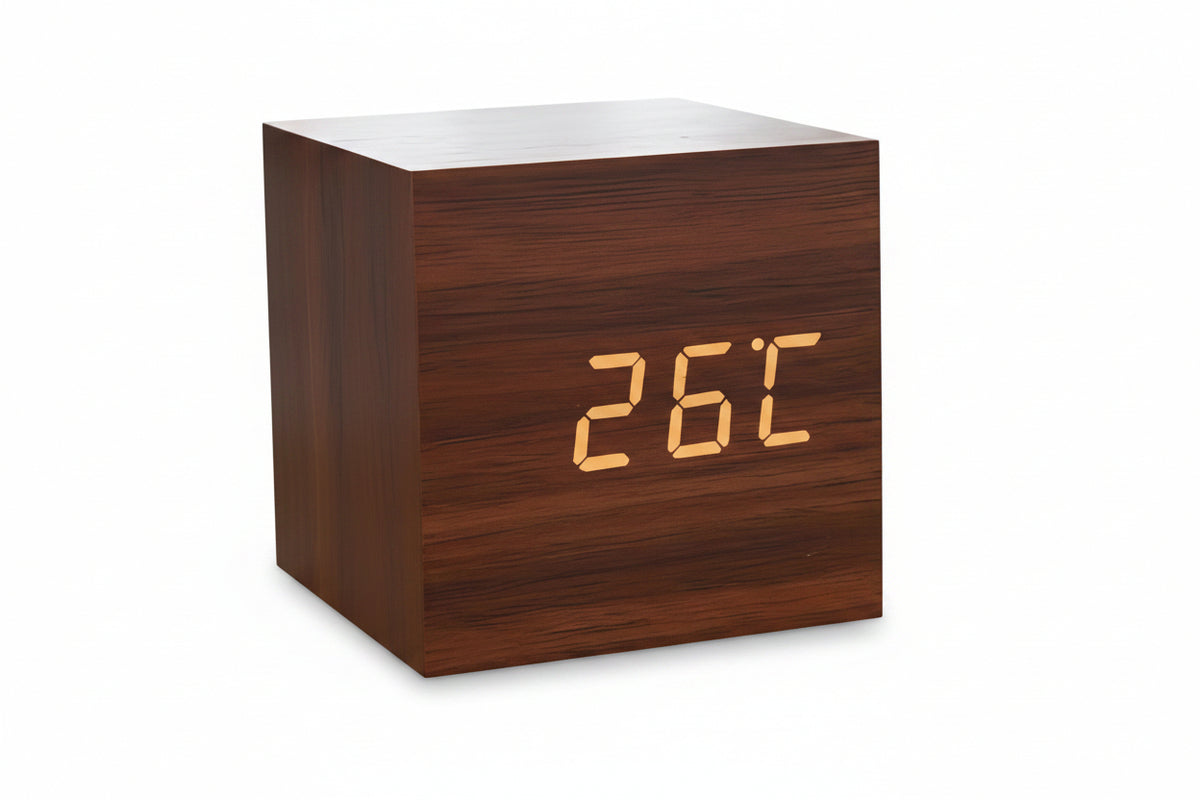 Alarm Clock | Compact Cube LED Display | Wood-Grain Finish