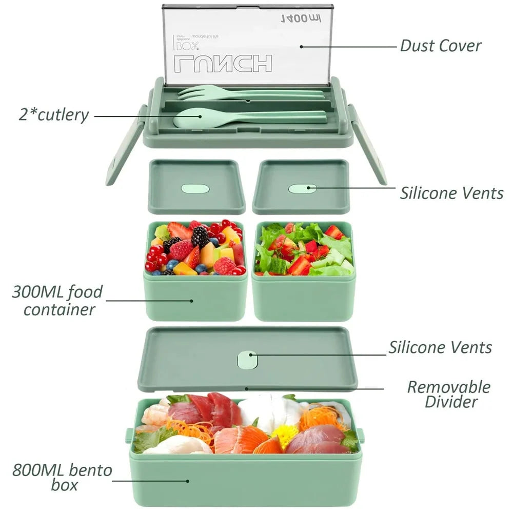 Bento Lunch Box | Double-Layer Leak-Proof & Microwave-Safe | 1400 ml