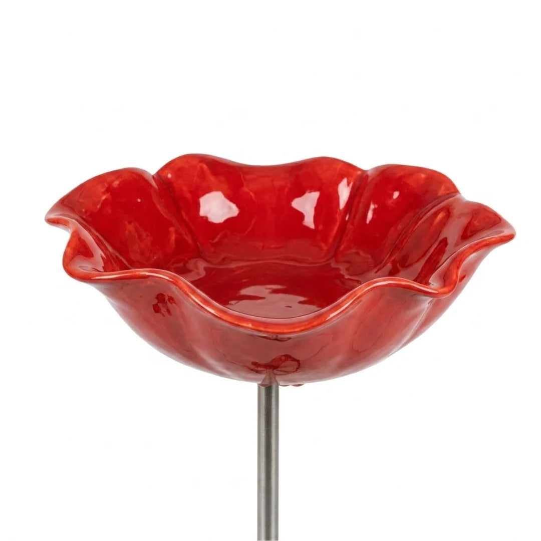 Bird Bath | Flower-Shaped Glazed Ceramic & Metal Stake