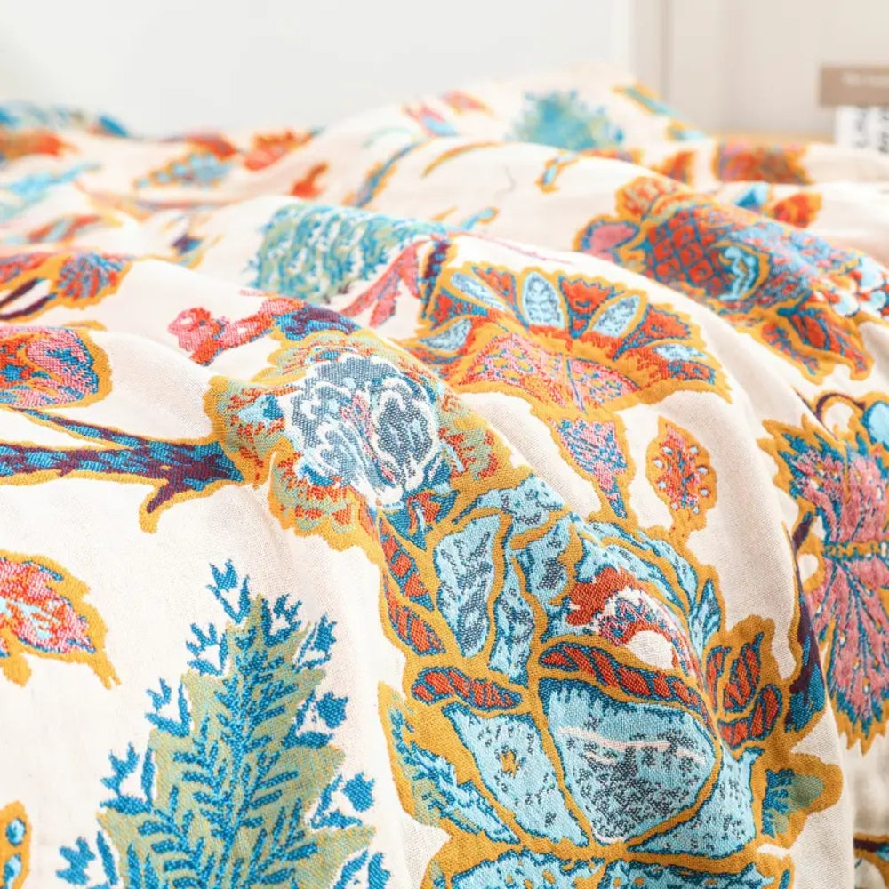Throw Blanket | Floral Jacquard Cotton Weave | Reversible