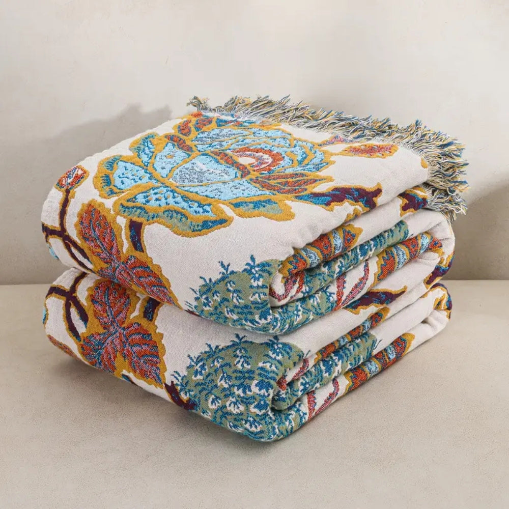 Throw Blanket | Floral Jacquard Cotton Weave | Reversible