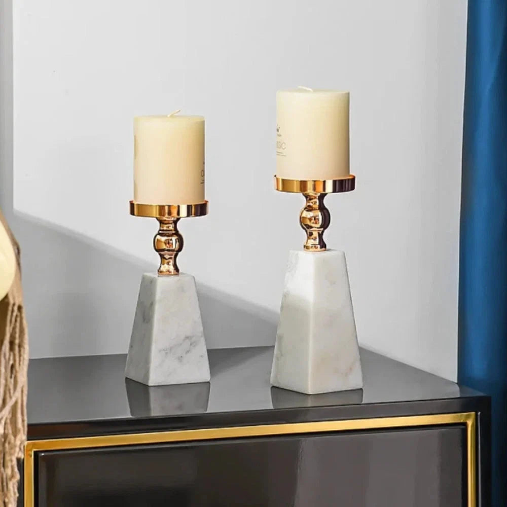 Candle Holder | Pyramid Natural Marble & Gold Accent | Two Sizes