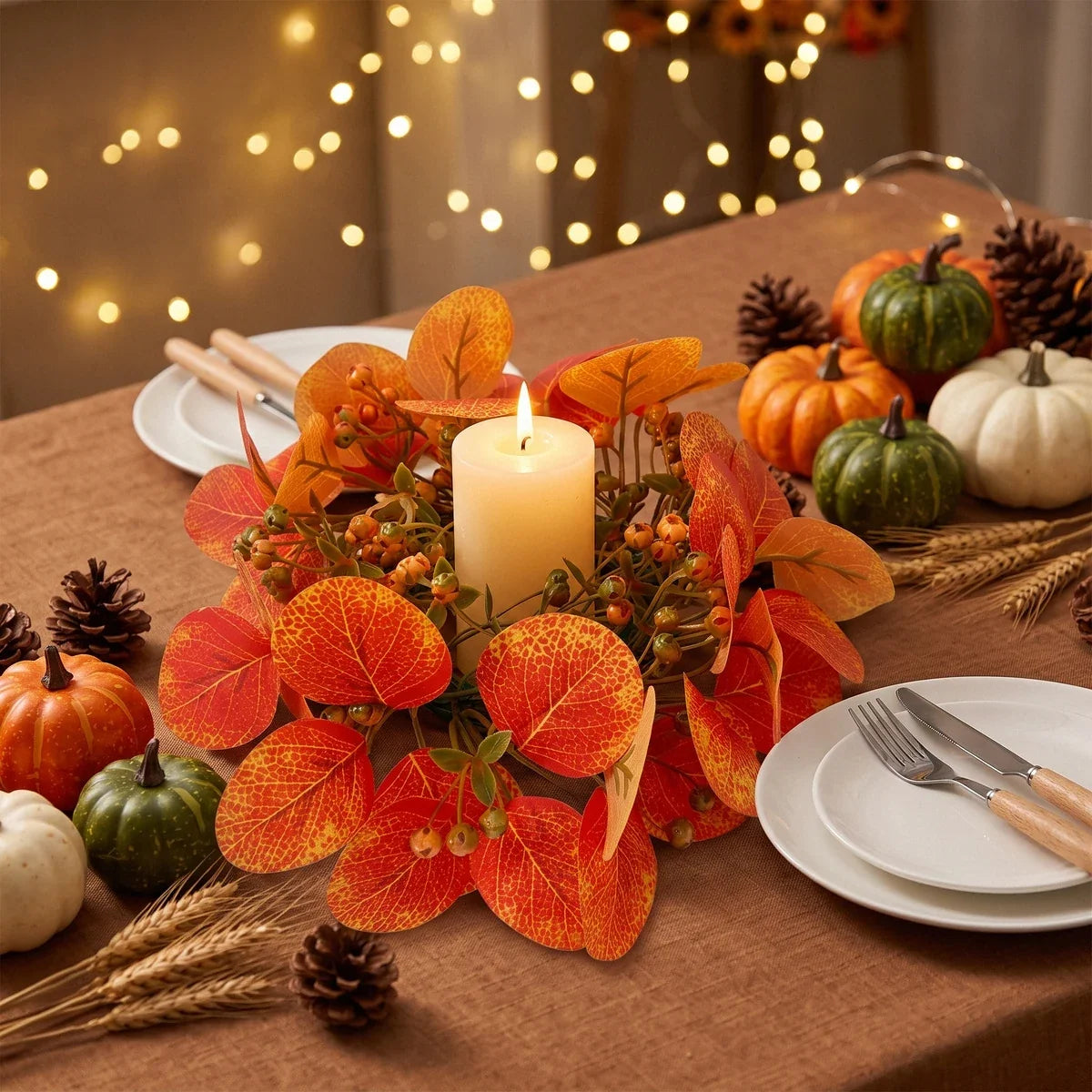 Candle Ring Wreath Set | Artificial Fall Eucalyptus | Set of 6