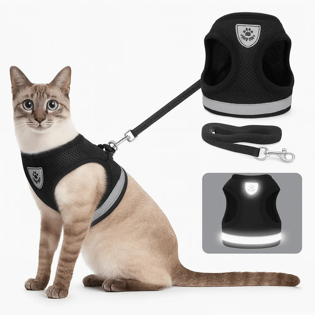Cat Harness & Leash | Adjustable Breathable Mesh | Reflective Strip for Night Visibility