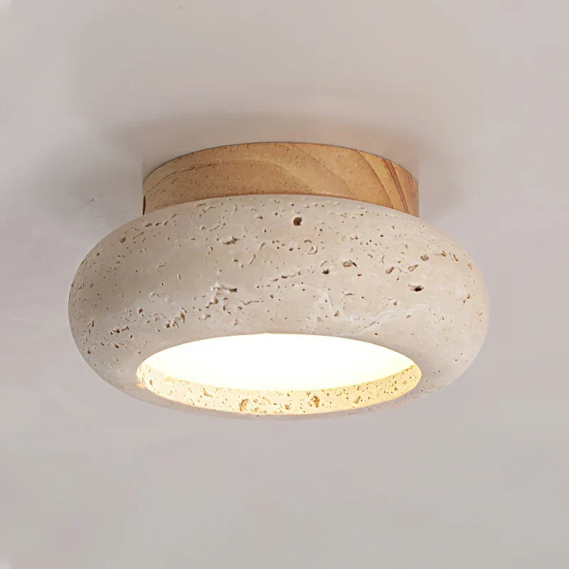 Ceiling Light | Travertine Stone & Wood Base | Integrated LED