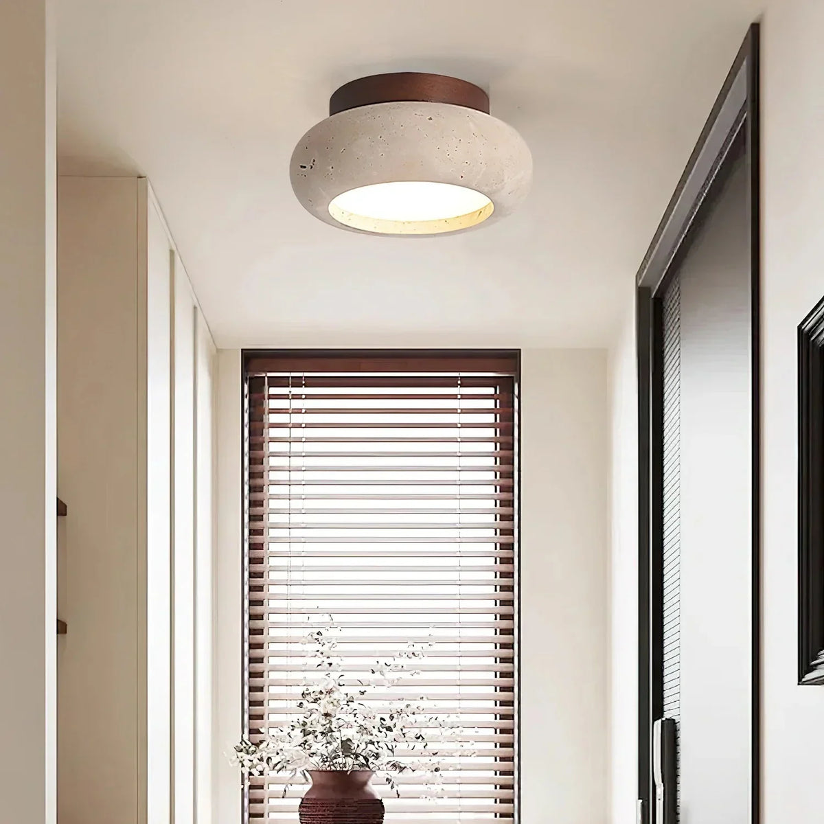 Ceiling Light | Travertine Stone & Wood Base | Integrated LED