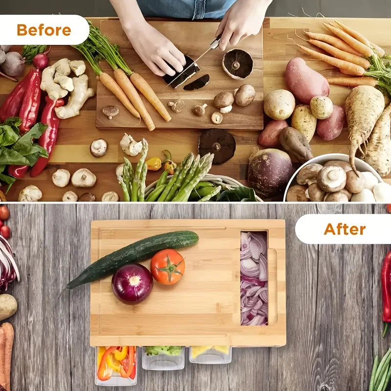 Chopping Board | Bamboo & 4 Pull-Out Trays | 4 Interchangeable Blades