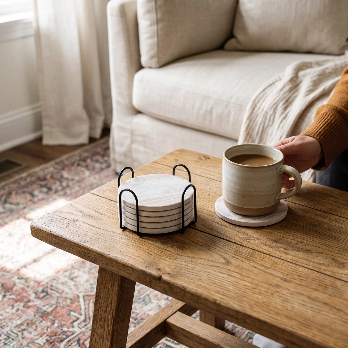 Coaster Set | Absorbent Ceramic Marble Pattern | Set of 6 With Holder