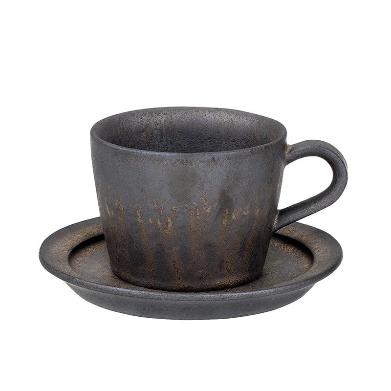 Coffee Cup | Handmade Stoneware & Metallic Drip Glaze | Includes Saucer