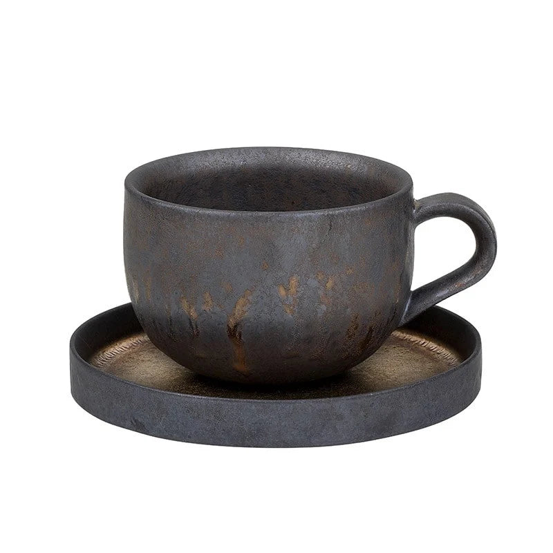 Coffee Cup | Handmade Stoneware & Metallic Drip Glaze | Includes Saucer