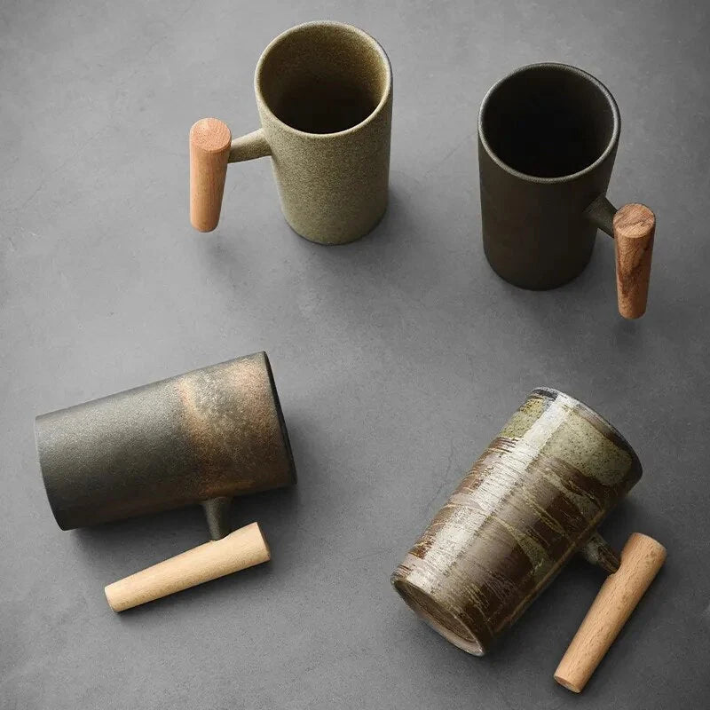 Coffee Mug | Textured Stoneware & Natural Wood Handle | 220 ml