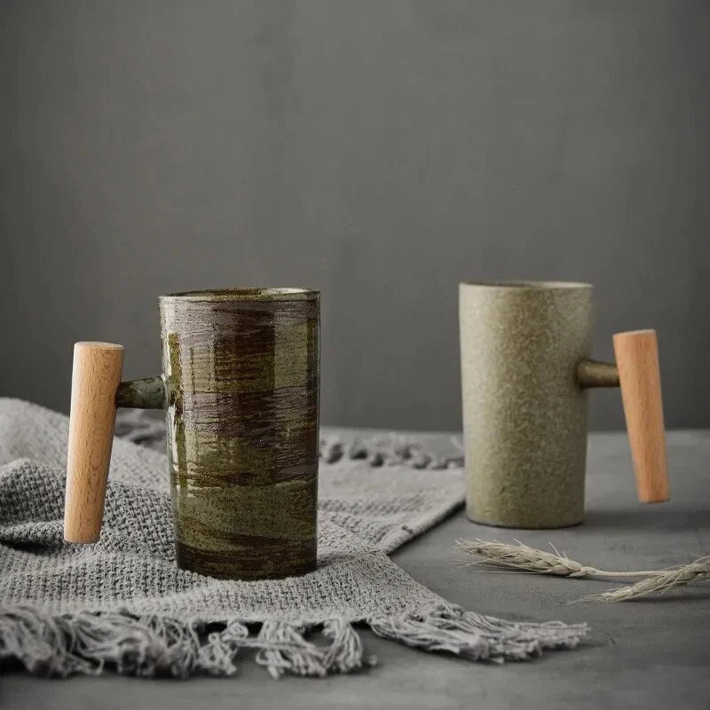 Coffee Mug | Textured Stoneware & Natural Wood Handle | 220 ml