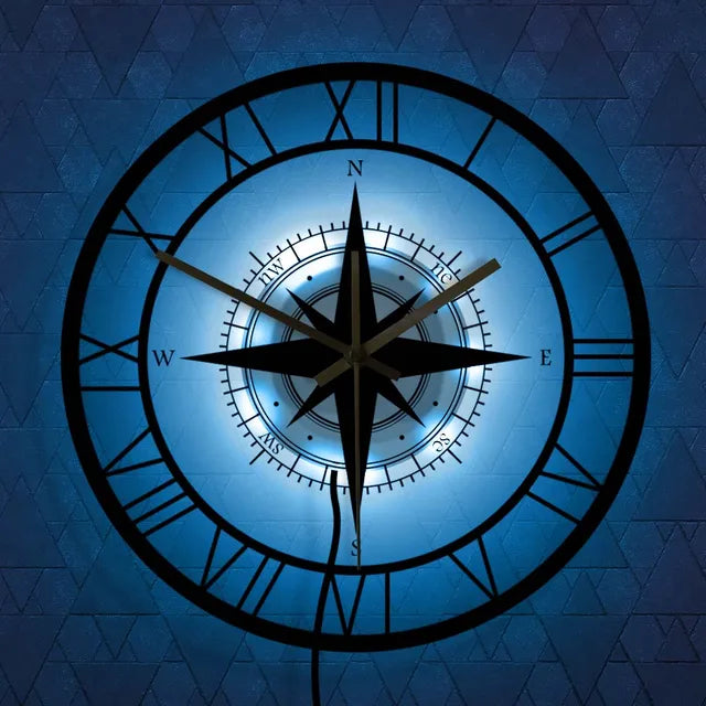 Wall Clock | Compass & Wind Rose Dial | Metal Frame