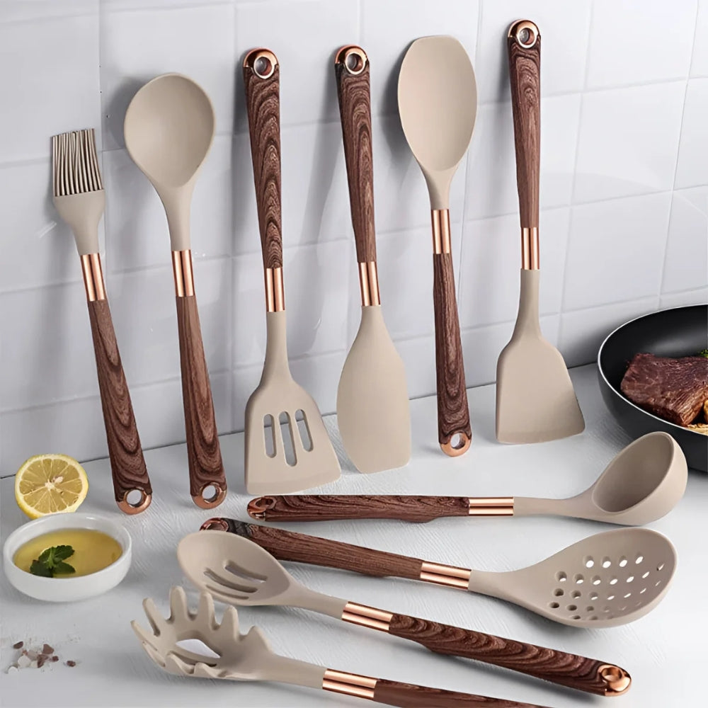 Cooking Utensil Set | Silicone Heads & Contoured Handles | 10-Piece