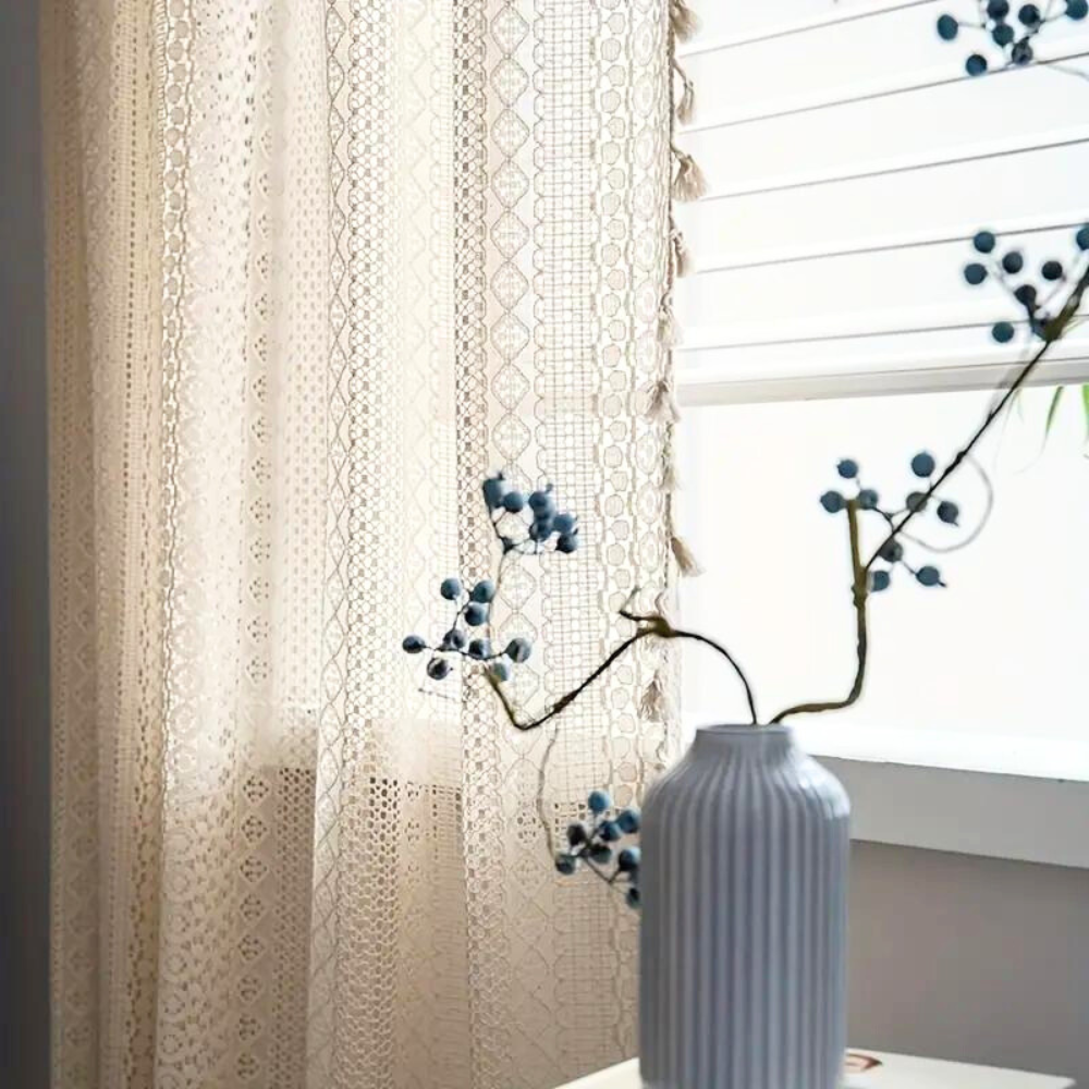Curtain Panel | Geometric Crochet & Semi-Sheer | Tassel Trim