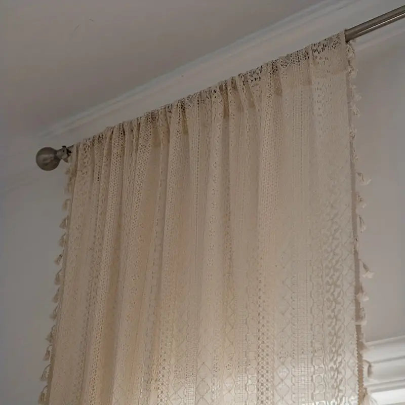Curtain Panel | Geometric Crochet & Semi-Sheer | Tassel Trim