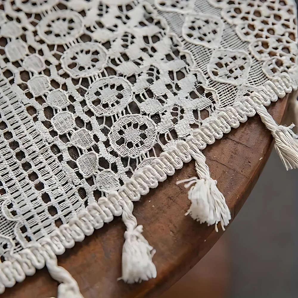 Curtain Panel | Geometric Crochet & Semi-Sheer | Tassel Trim