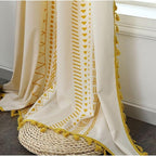 Window Curtain | Embroidered Grid & Tassel Trim | Rod Pocket
