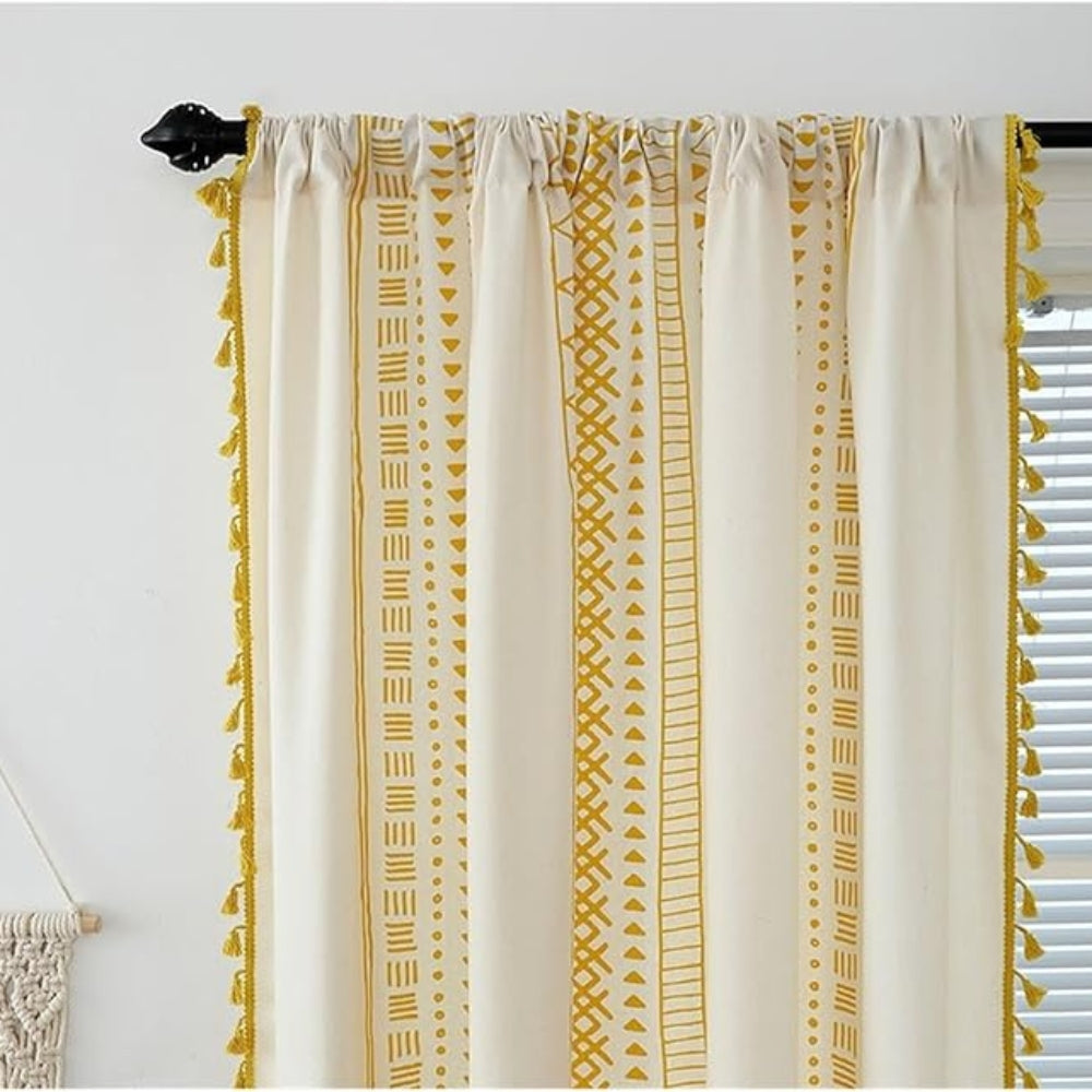 Window Curtain | Embroidered Grid & Tassel Trim | Rod Pocket