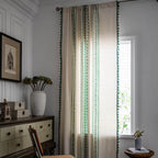 Window Curtain | Embroidered Grid & Tassel Trim | Rod Pocket