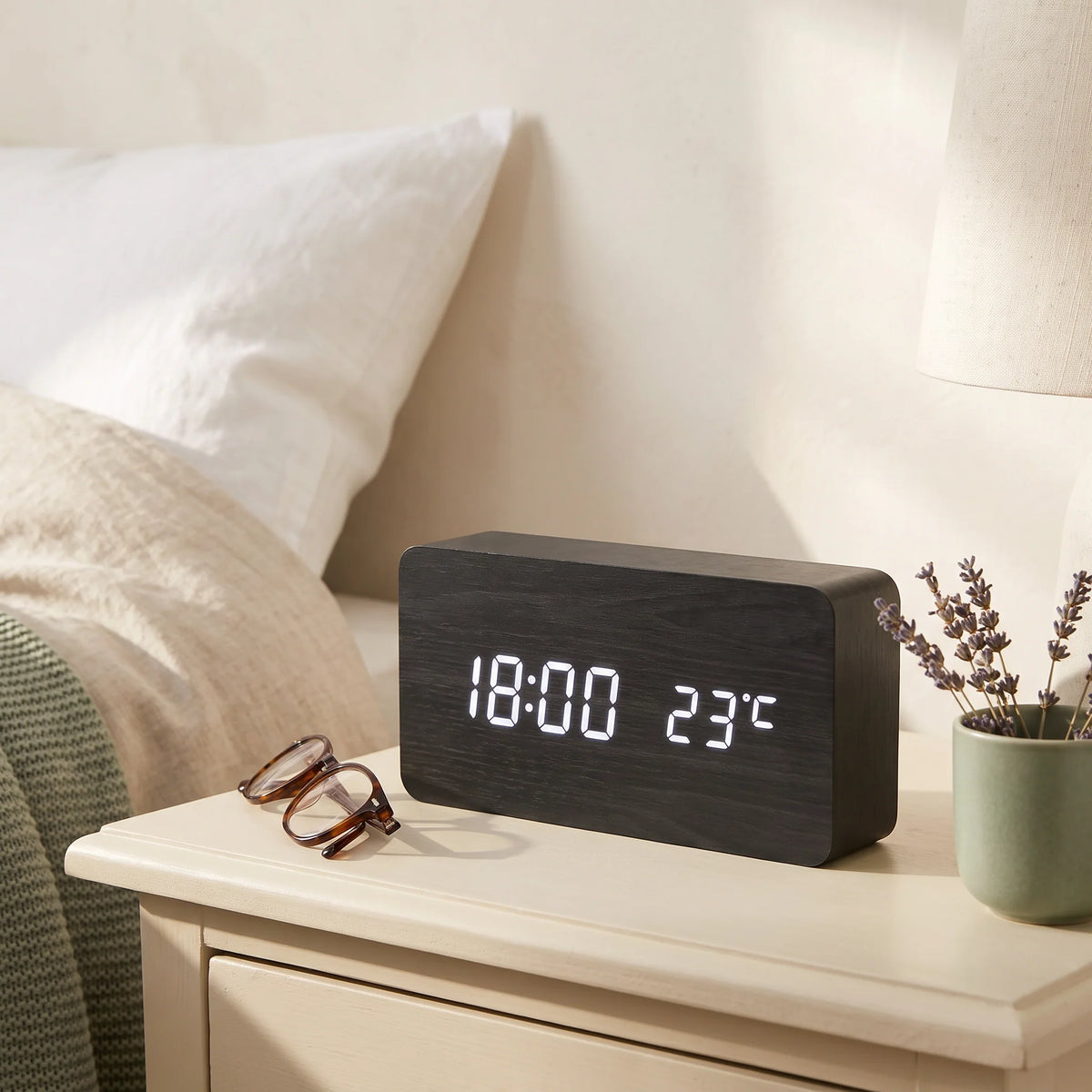 Digital Alarm Clock | Wood Grain LED Display & Voice Control