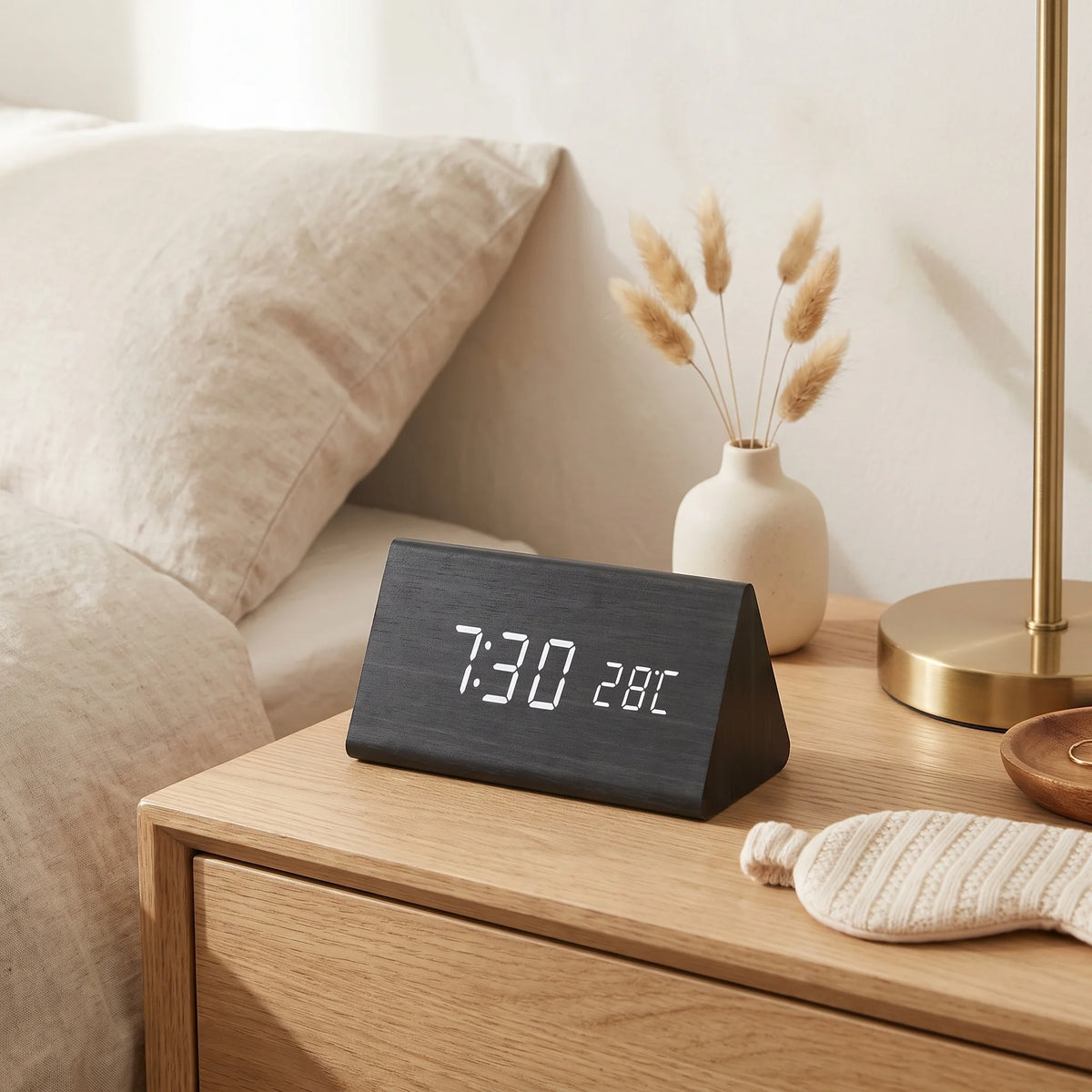 Digital Alarm Clock | Wood Grain LED Display & Voice Control