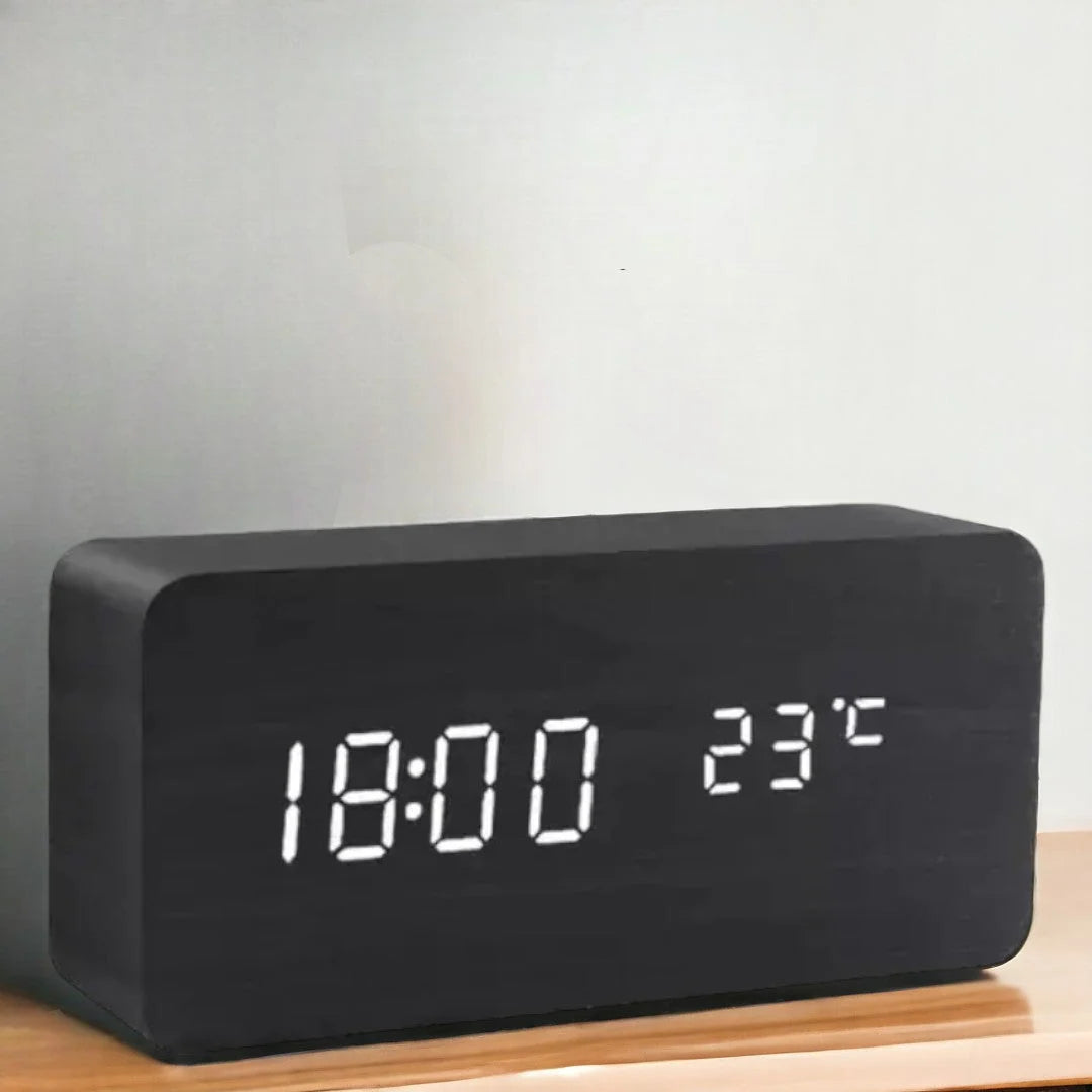 Digital Alarm Clock | Wood Grain LED Display & Voice Control