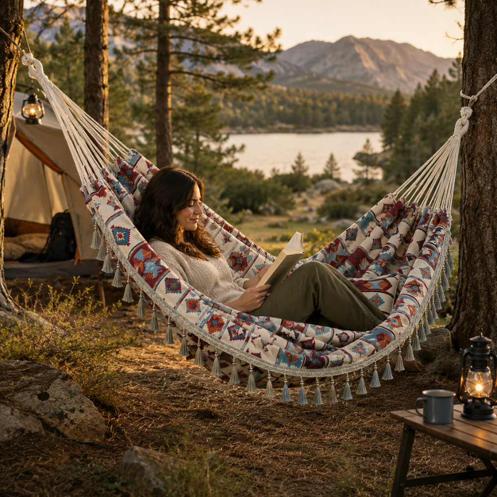 Double Hammock | Woven Polyester & Tassel Trim | Carrying Bag Included