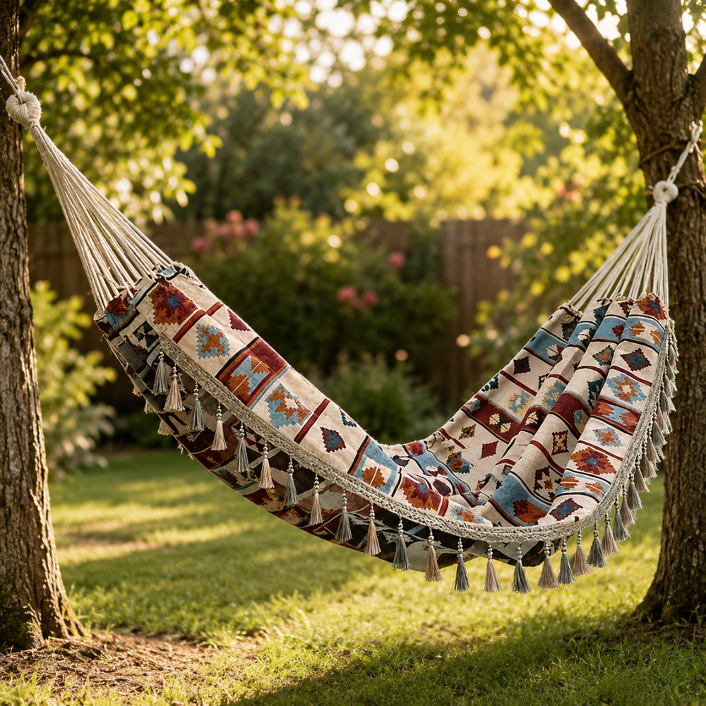 Double Hammock | Woven Polyester & Tassel Trim | Carrying Bag Included