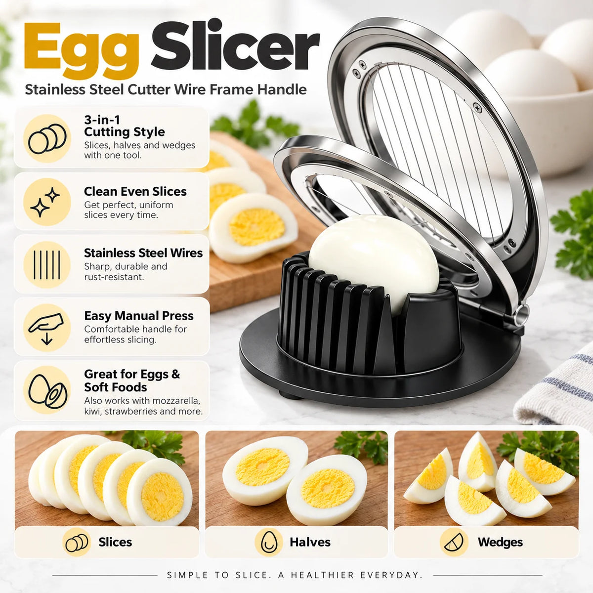 Egg Slicer | 3-In-1 Stainless Steel Wire Frame