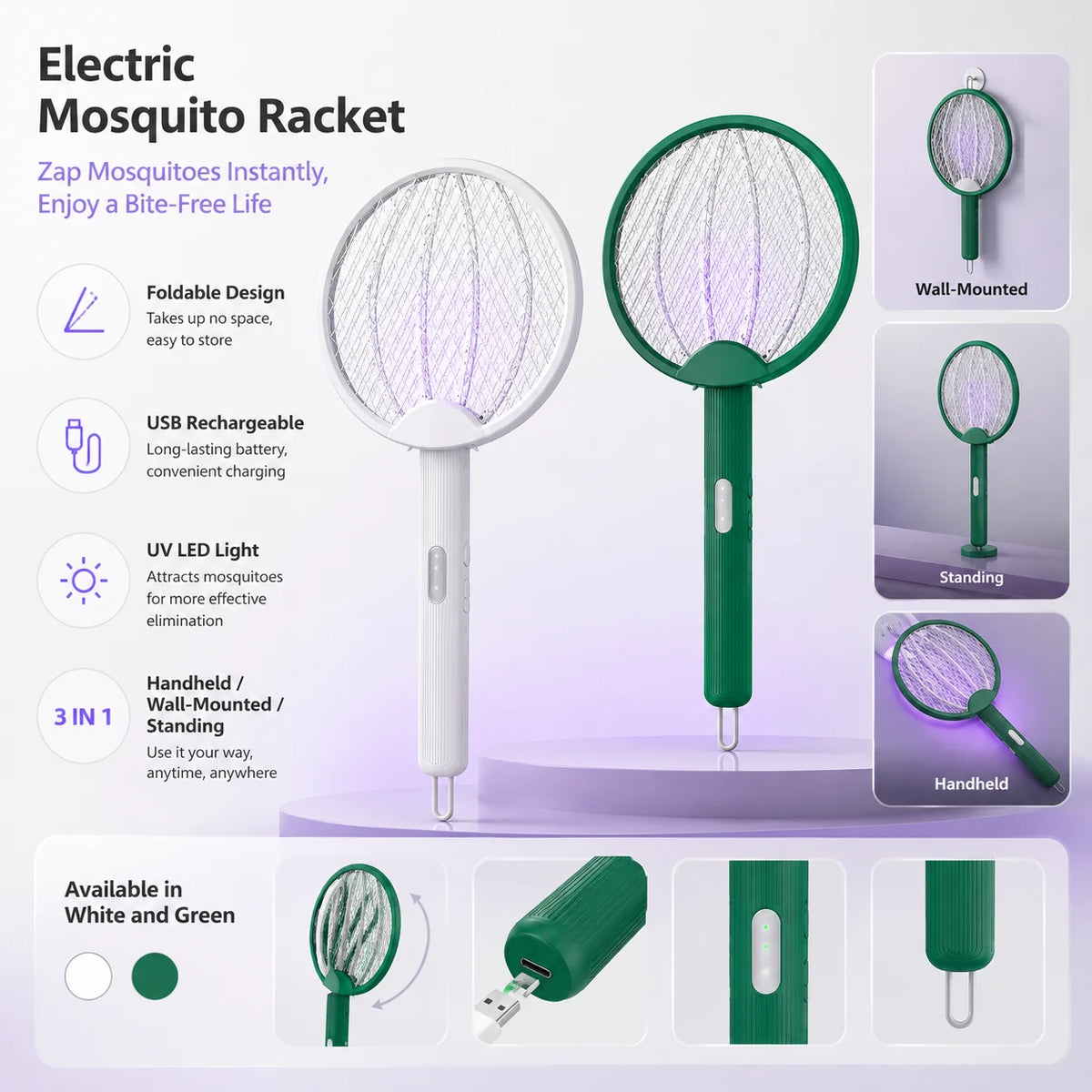 Electric Mosquito Racket | Foldable & USB-Rechargeable LED UV Light