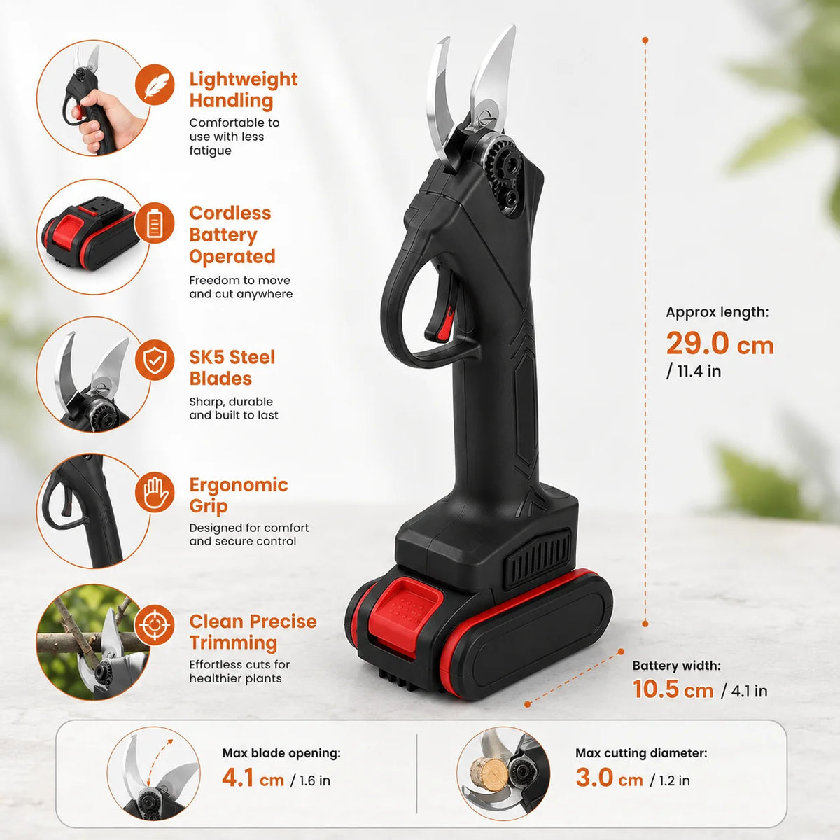 Electric Pruning Shears | Lightweight Cordless Self-Sharpening SK5 Blade