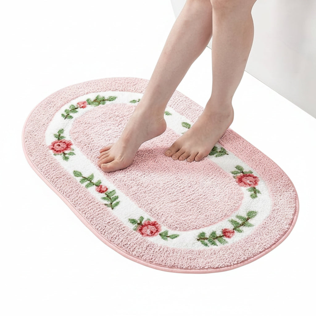 Bath Mat | Oval Floral Design & Dense Microfiber