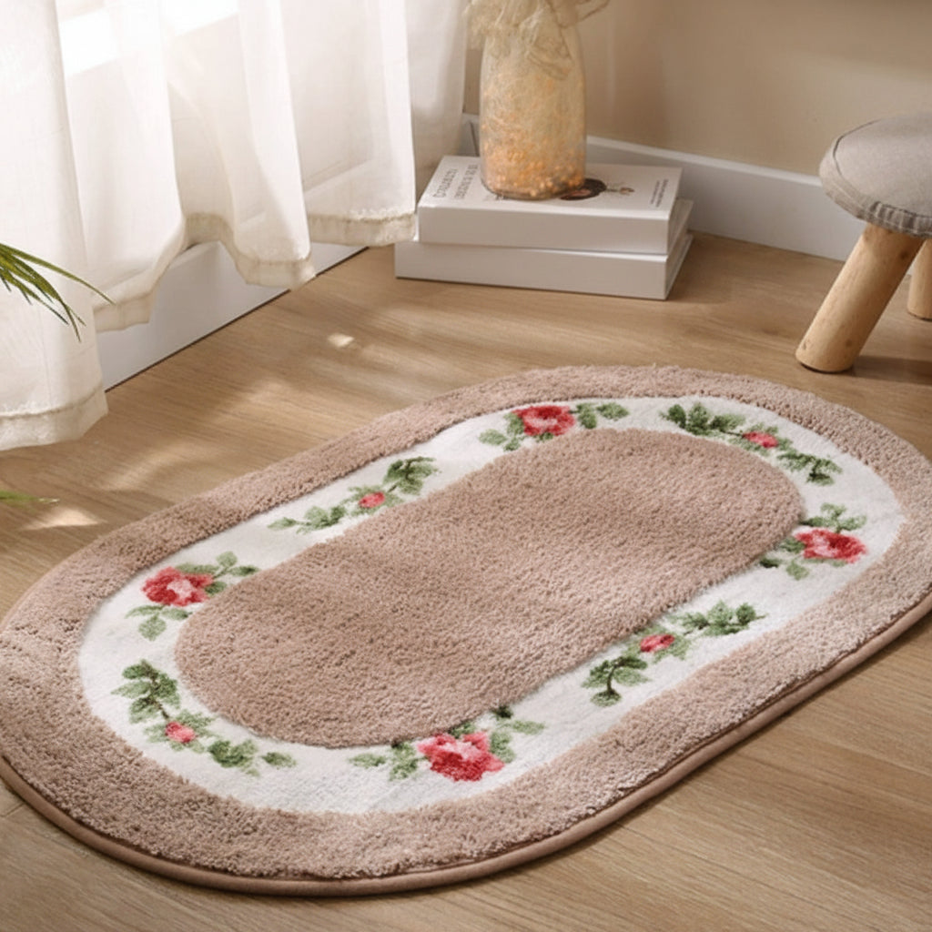Bath Mat | Oval Floral Design & Dense Microfiber