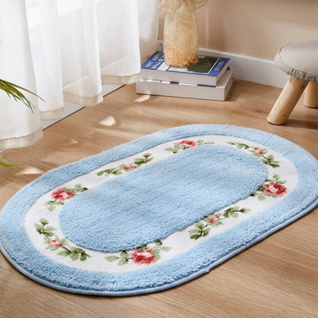 Bath Mat | Oval Floral Design & Dense Microfiber