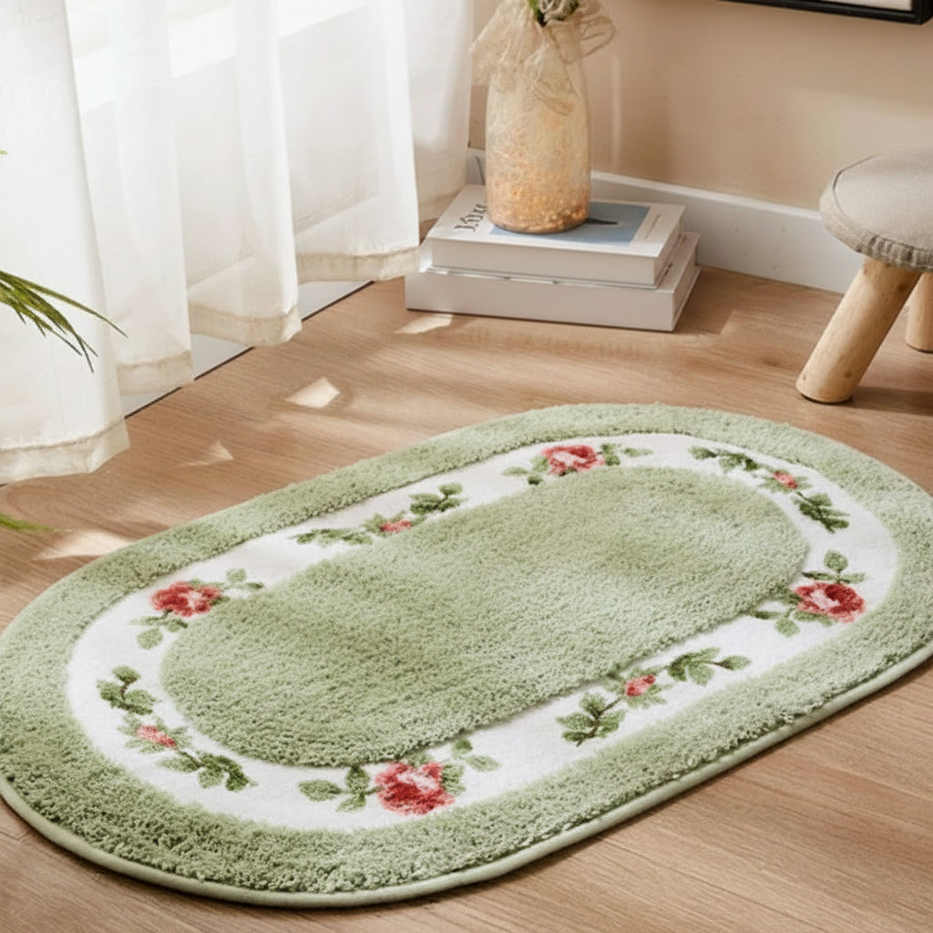Bath Mat | Oval Floral Design & Dense Microfiber