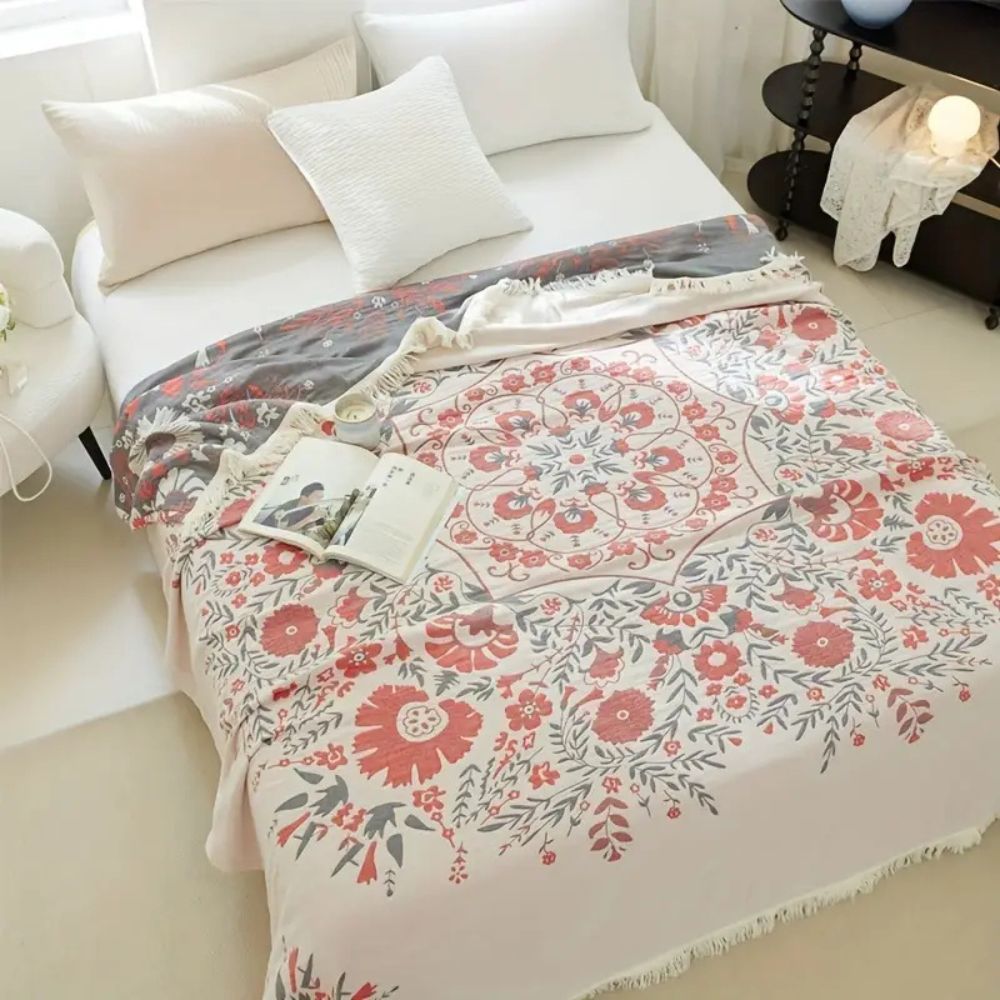 Bed Blanket | Reversible Floral Motifs | Woven Cotton