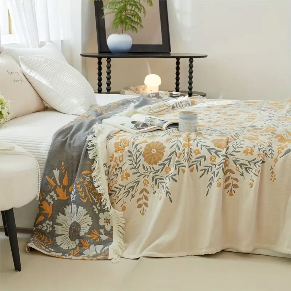 Bed Blanket | Reversible Floral Motifs | Woven Cotton