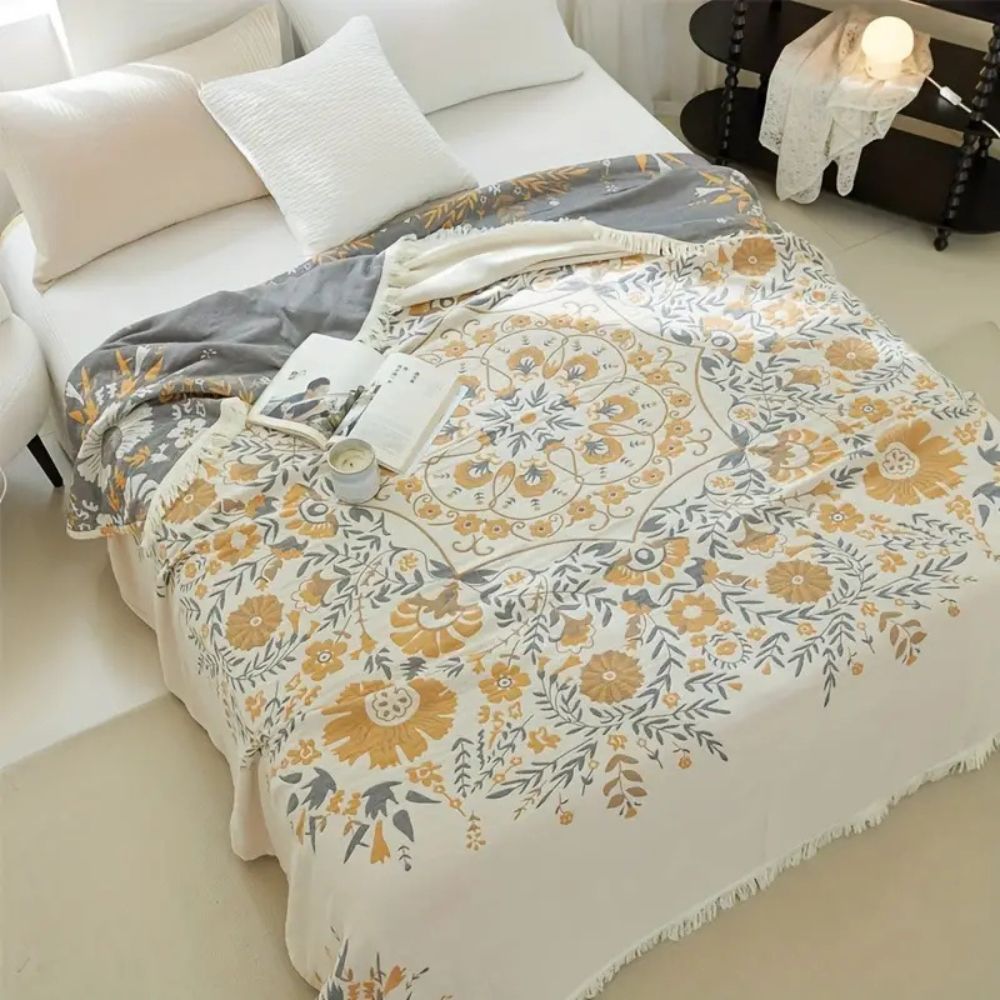 Bed Blanket | Reversible Floral Motifs | Woven Cotton