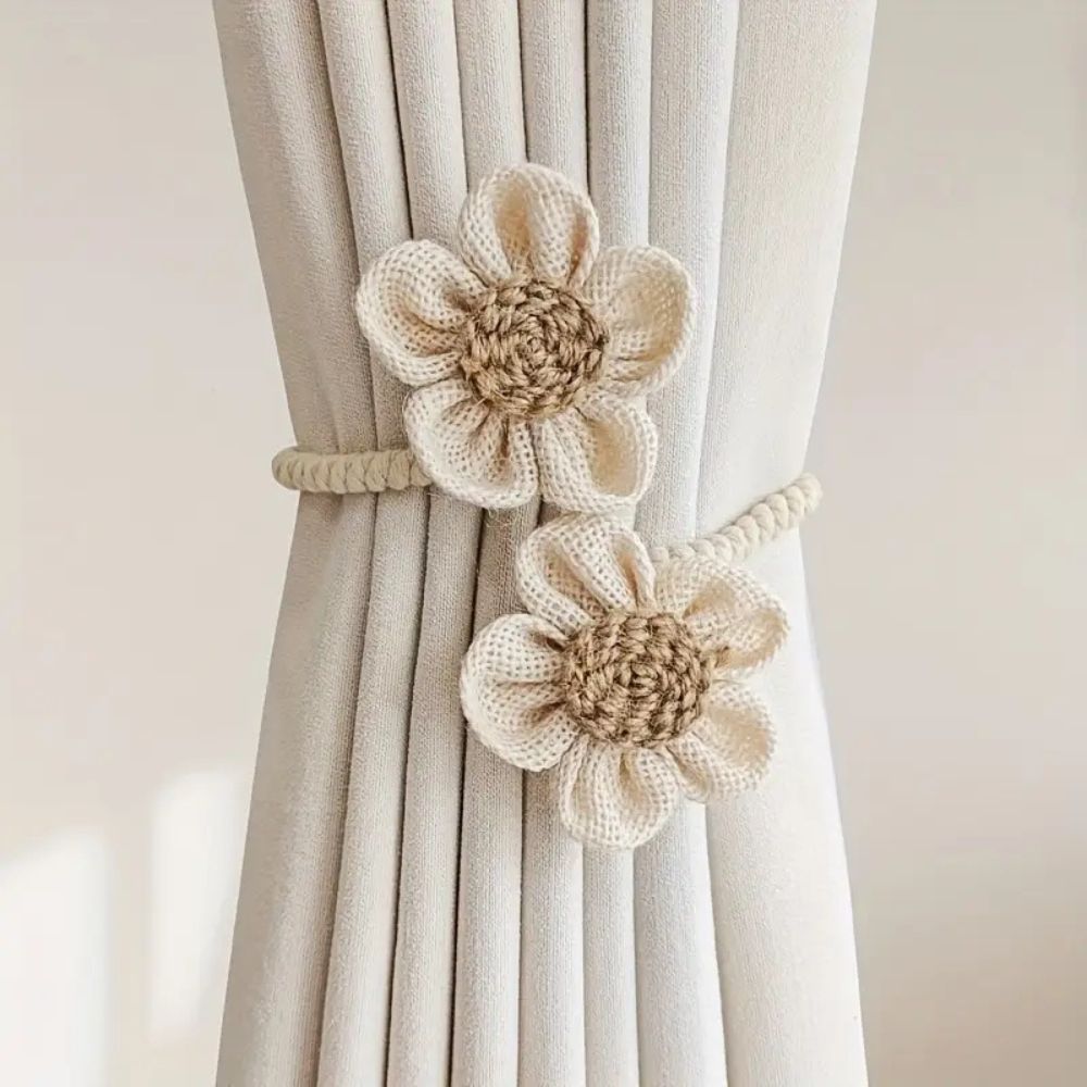 Curtain Tiebacks | Floral Hemp Rope Design | Set of 2