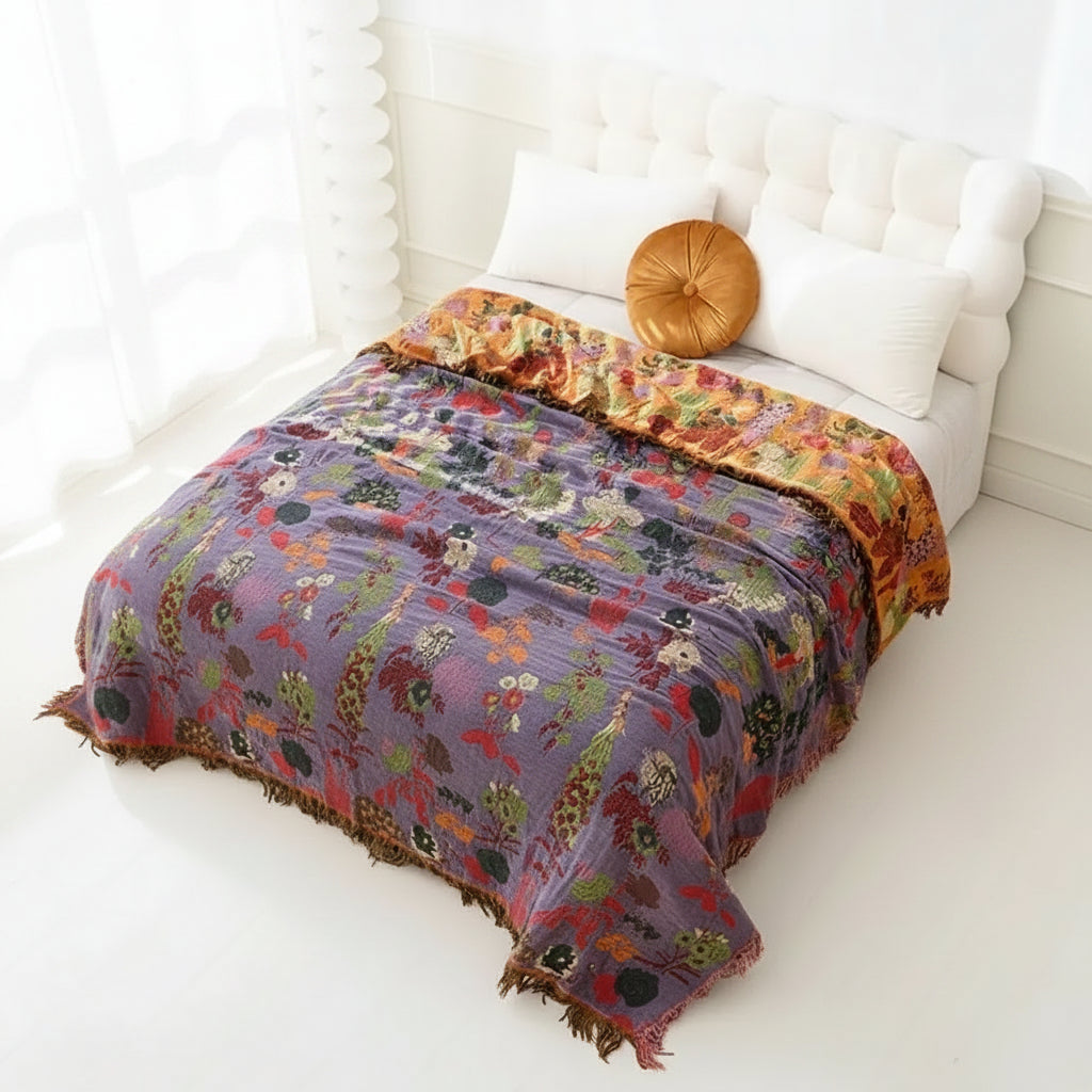 Throw Blanket | Reversible Floral Jacquard | Tasseled Edges