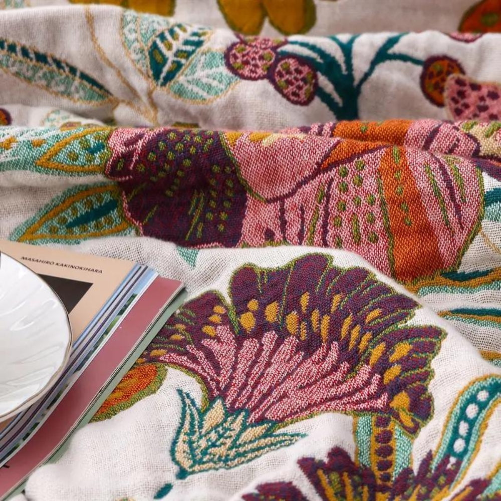 Throw Blanket | Floral Motif & Reversible Woven Fabric