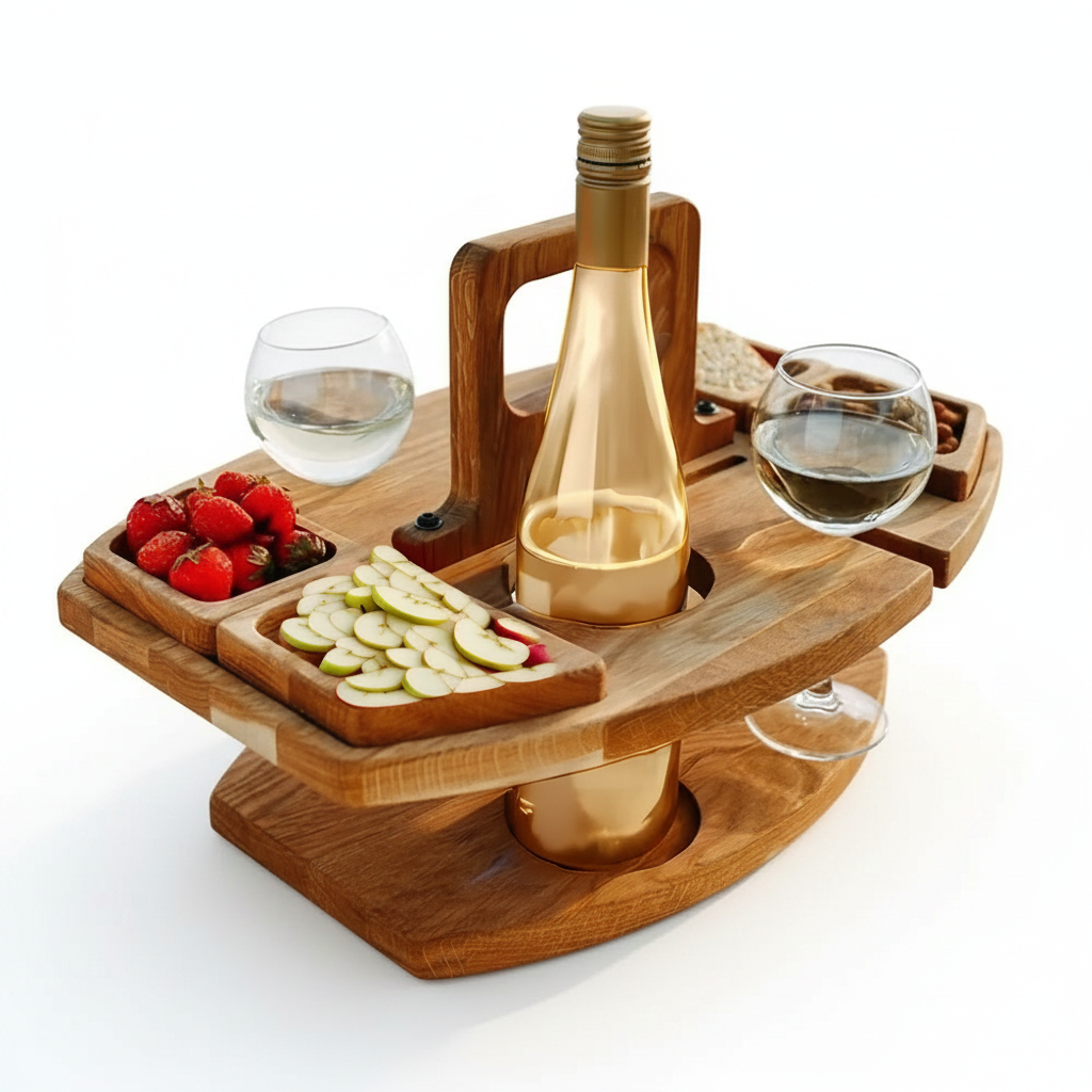 Wine Table | Foldable Acacia Wood | Bottle & Glass Holders