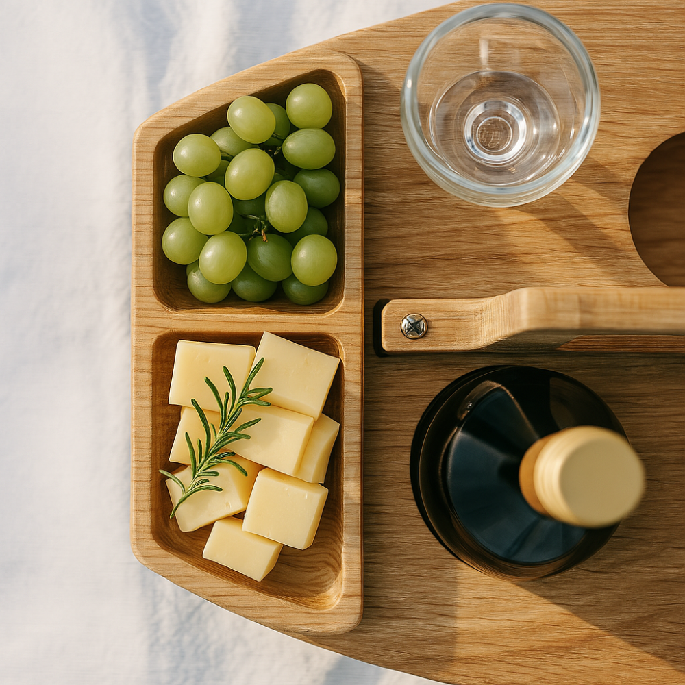Wine Table | Foldable Acacia Wood | Bottle & Glass Holders