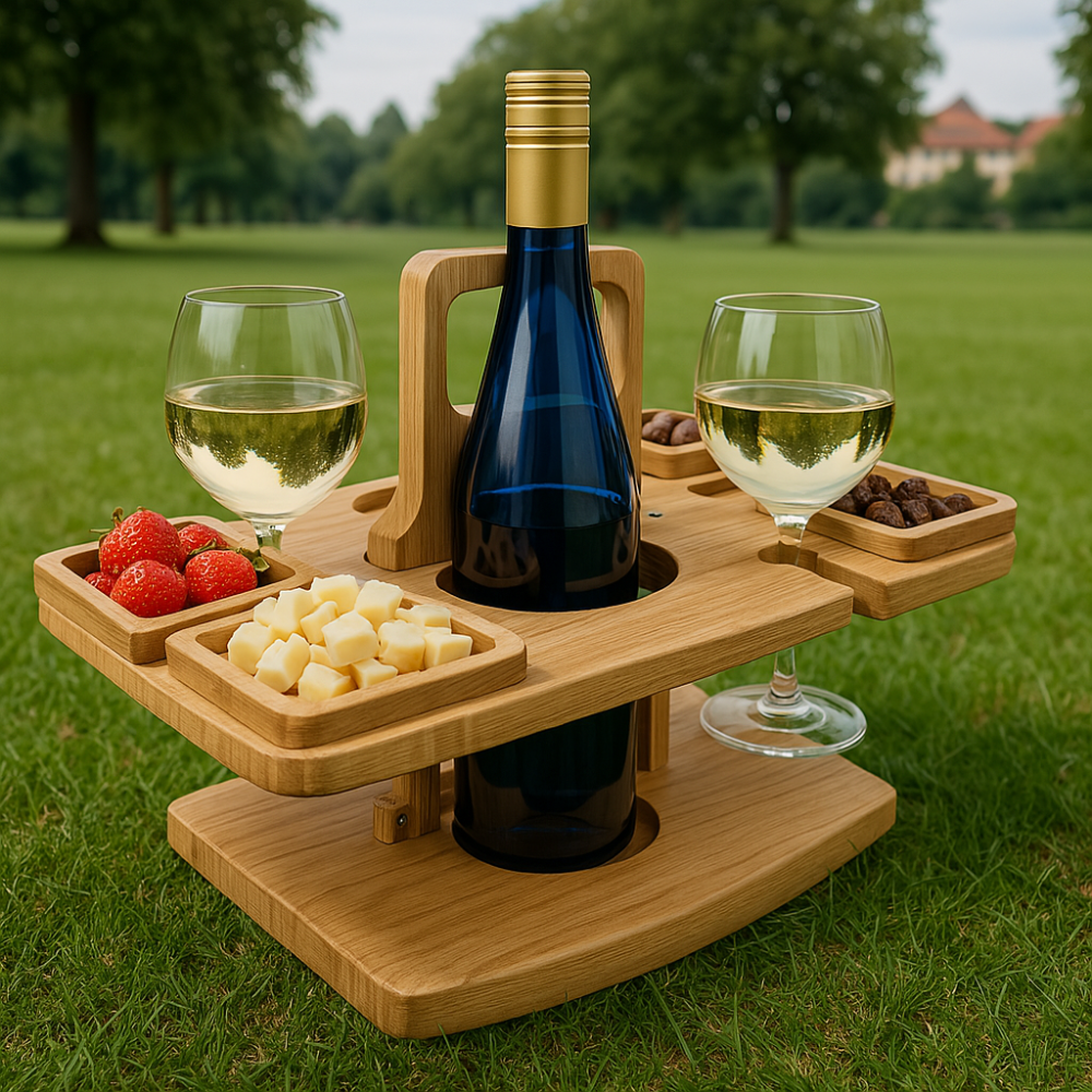 Wine Table | Foldable Acacia Wood | Bottle & Glass Holders