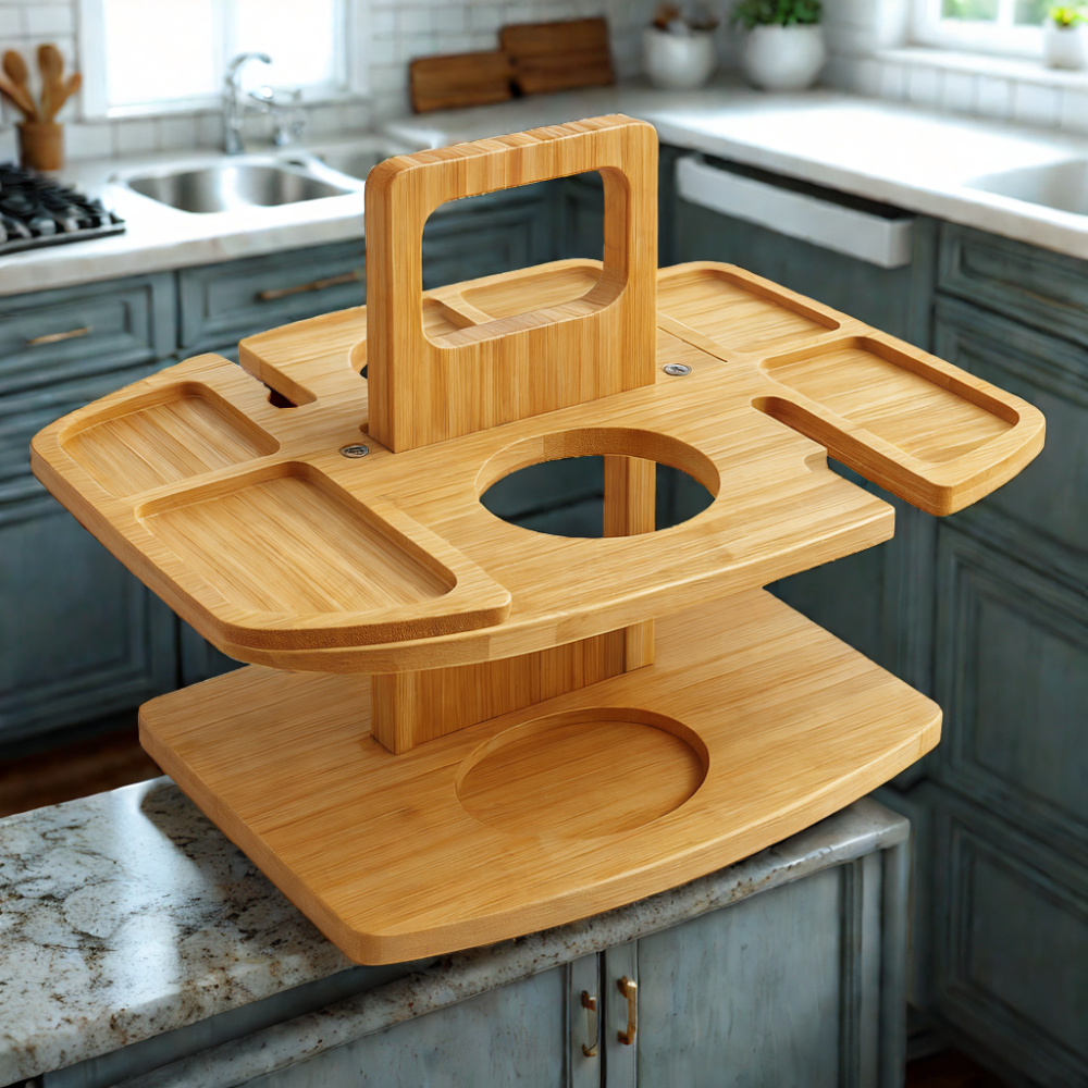 Wine Table | Foldable Acacia Wood | Bottle & Glass Holders